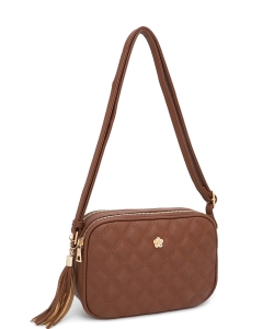 Quilted Crossbody Bag with Flower Accent ZW-2920 BROWN